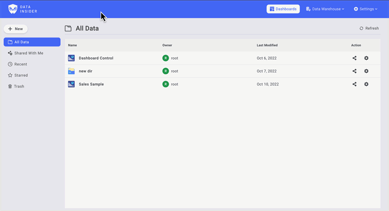 Animation showing the process of creating a new chart in Rocket BI